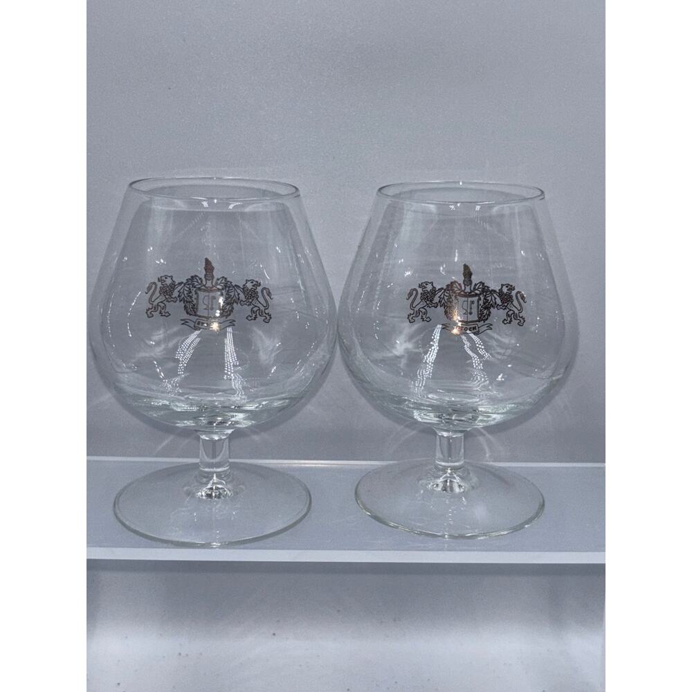 Stocks Heraldic Lions & Shield Crest Brandy Snifters Cognac Glasses Set of 2